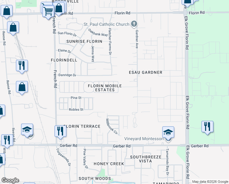 map of restaurants, bars, coffee shops, grocery stores, and more near 8638 Beauxart Circle in Sacramento