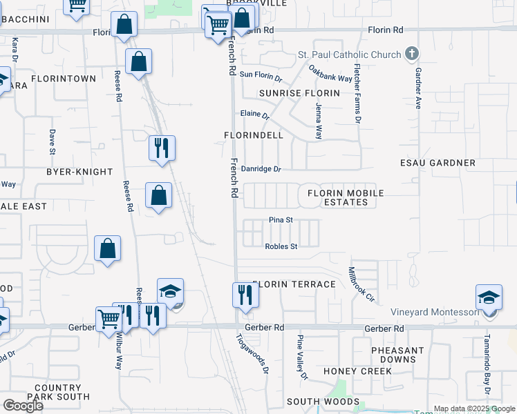 map of restaurants, bars, coffee shops, grocery stores, and more near 9 Pina Street in Sacramento