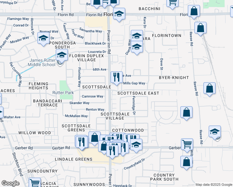 map of restaurants, bars, coffee shops, grocery stores, and more near 7435 Power Inn Road in Sacramento