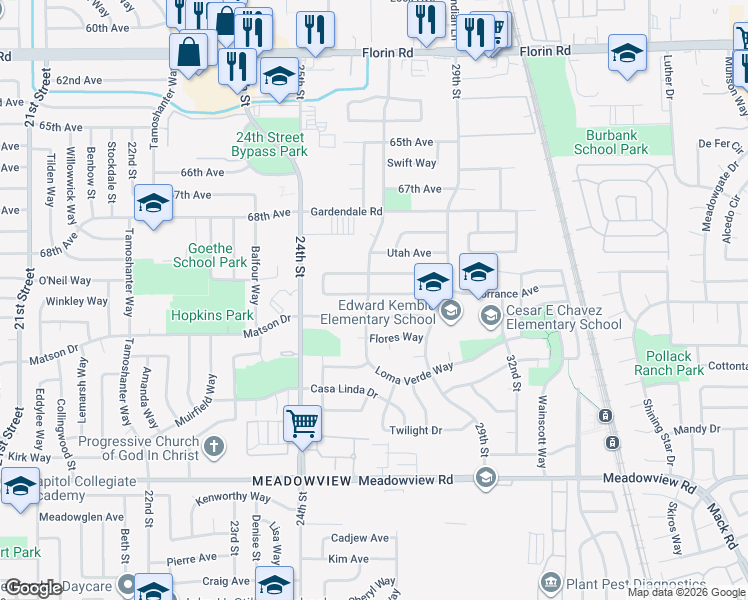map of restaurants, bars, coffee shops, grocery stores, and more near 7497 Loma Verde Way in Sacramento