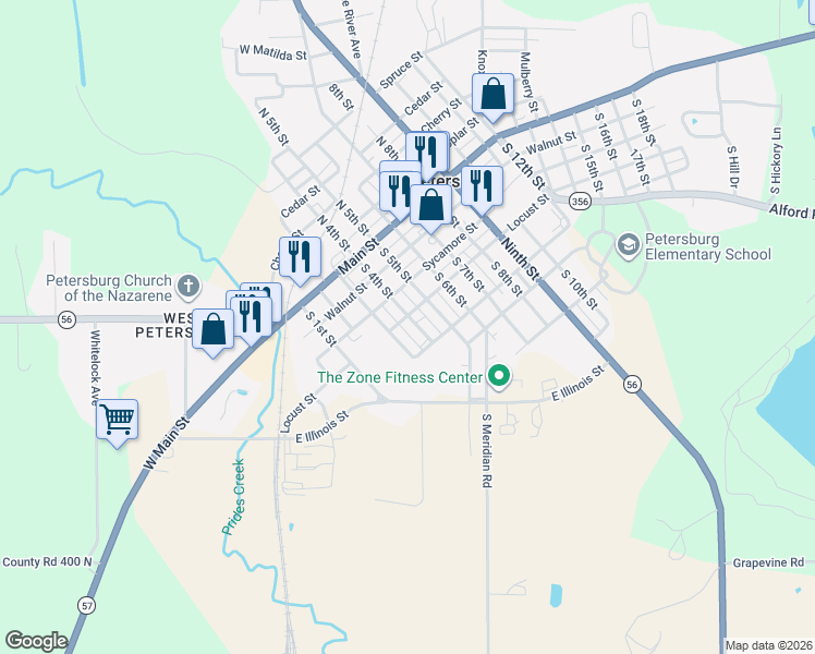 map of restaurants, bars, coffee shops, grocery stores, and more near 404 South 3rd Street in Petersburg