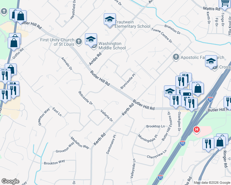map of restaurants, bars, coffee shops, grocery stores, and more near 4533 Bryncastle Place in St. Louis