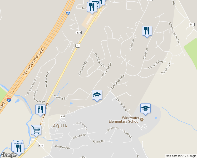 map of restaurants, bars, coffee shops, grocery stores, and more near 121 Olympic Drive in Stafford