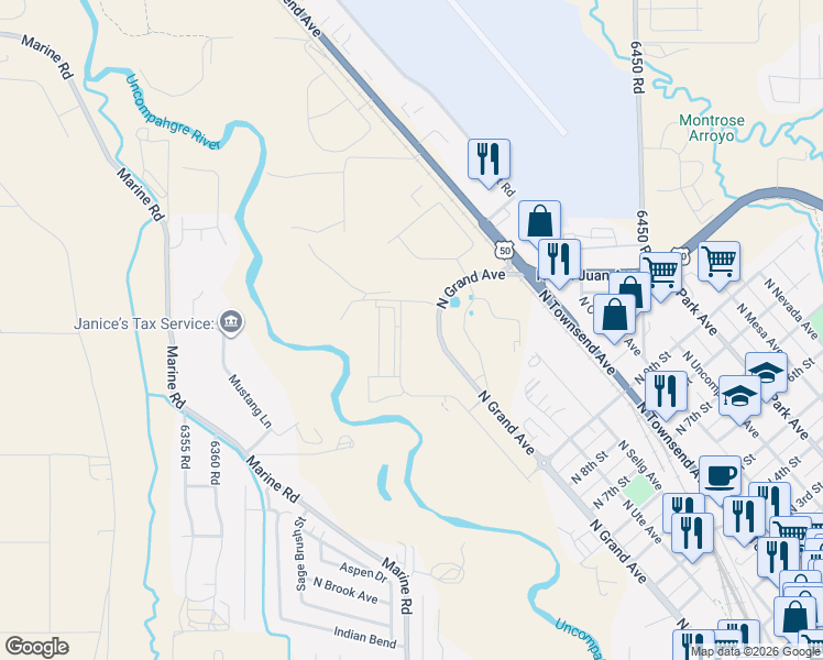 map of restaurants, bars, coffee shops, grocery stores, and more near 1200 North Grand Avenue in Montrose