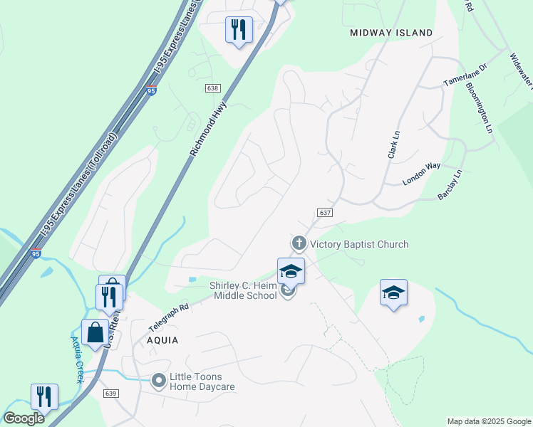 map of restaurants, bars, coffee shops, grocery stores, and more near 121 Olympic Drive in Stafford