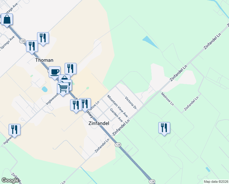 map of restaurants, bars, coffee shops, grocery stores, and more near 1115 Victoria Drive in Saint Helena