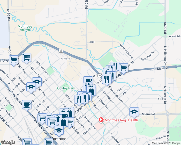 map of restaurants, bars, coffee shops, grocery stores, and more near 216 North Stough Avenue in Montrose