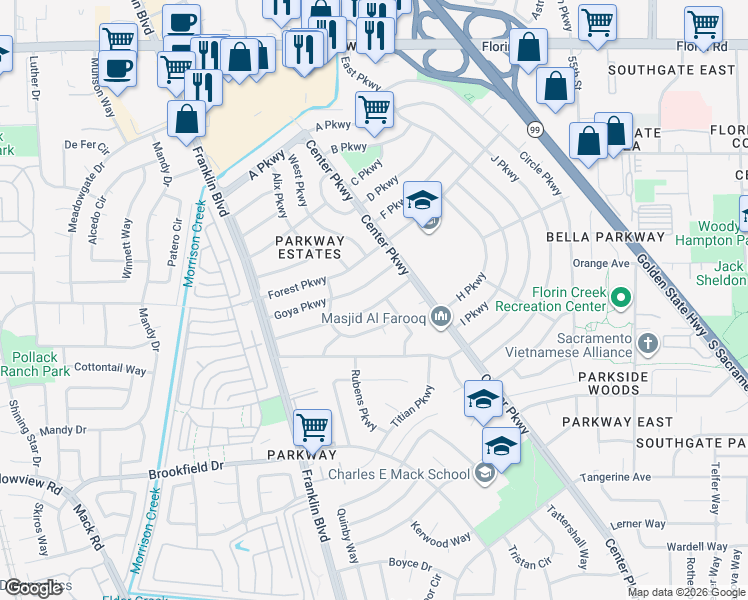 map of restaurants, bars, coffee shops, grocery stores, and more near 4618 Lippi Parkway in Sacramento