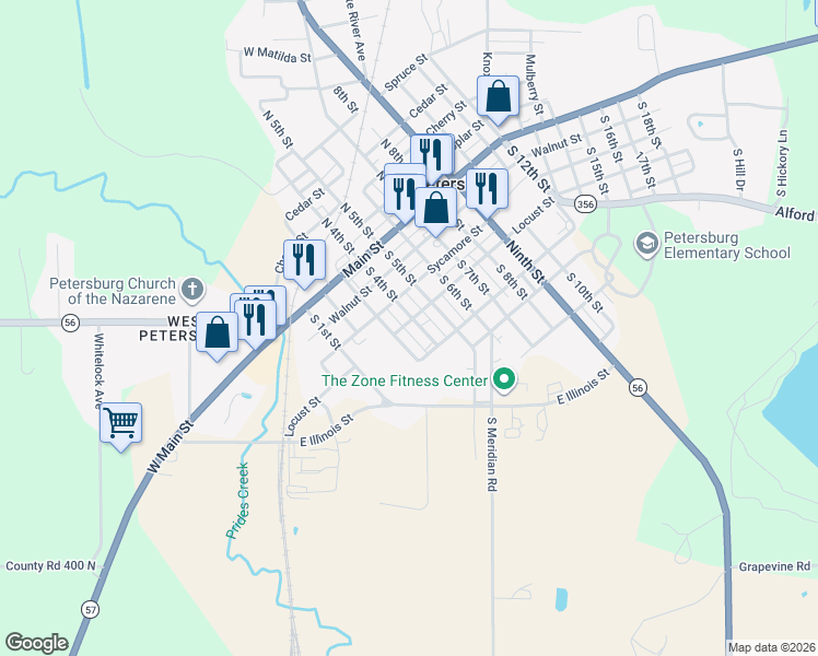 map of restaurants, bars, coffee shops, grocery stores, and more near 404 South 3rd Street in Petersburg