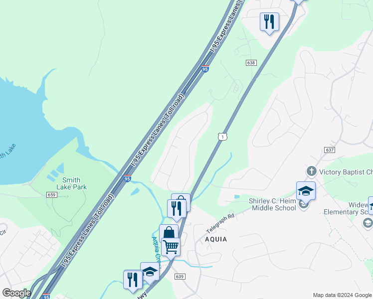 map of restaurants, bars, coffee shops, grocery stores, and more near 603 Wind Ridge Drive in Stafford