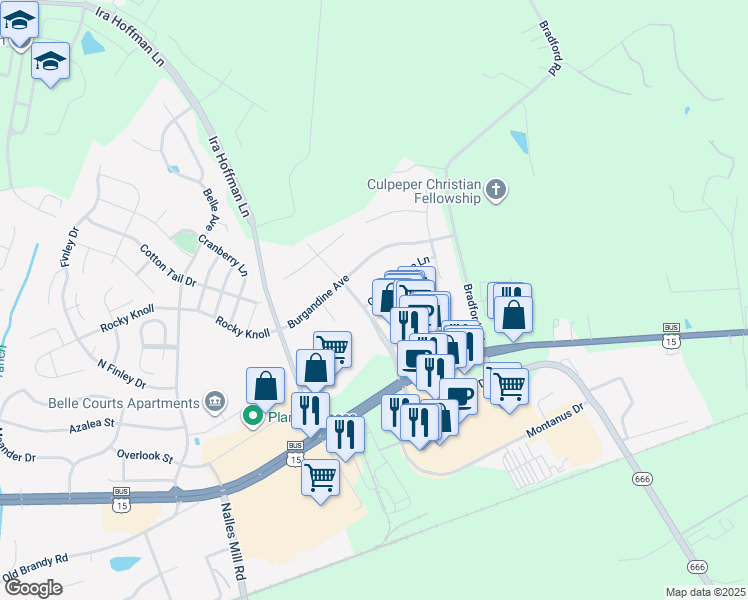 map of restaurants, bars, coffee shops, grocery stores, and more near 15615 Great Bridge Lane in Culpeper