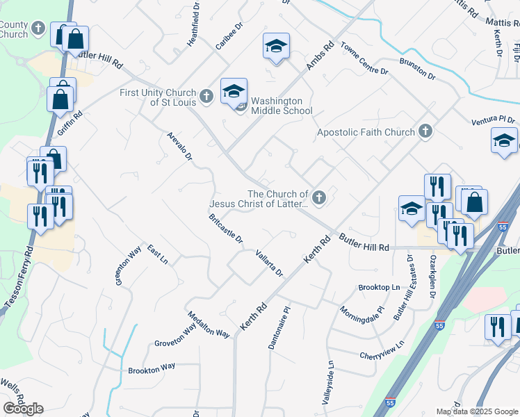 map of restaurants, bars, coffee shops, grocery stores, and more near 4615 Brookcastle Court in St. Louis