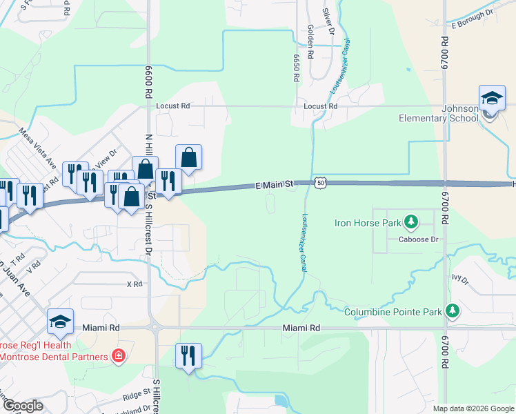 map of restaurants, bars, coffee shops, grocery stores, and more near 2372 East Main Street in Montrose