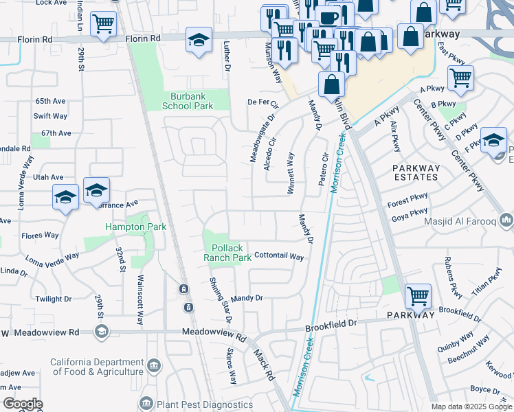 map of restaurants, bars, coffee shops, grocery stores, and more near 3905 Shining Star Drive in Sacramento