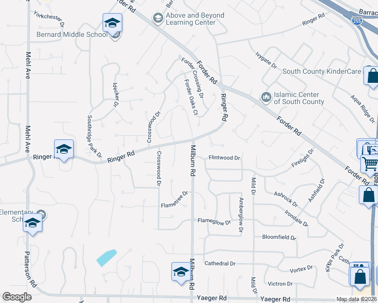 map of restaurants, bars, coffee shops, grocery stores, and more near 5034 Milburn Road in St. Louis