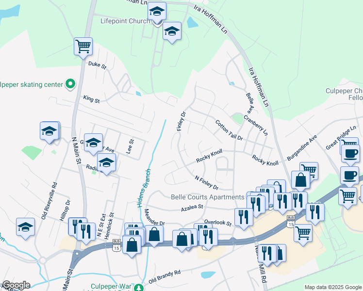 map of restaurants, bars, coffee shops, grocery stores, and more near 764 Amanda Court in Culpeper