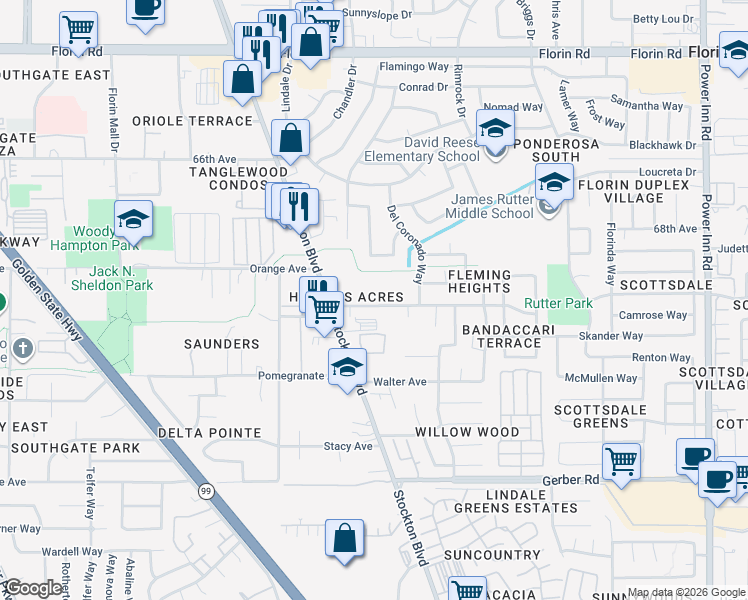 map of restaurants, bars, coffee shops, grocery stores, and more near 6809 Fleming Avenue in Sacramento