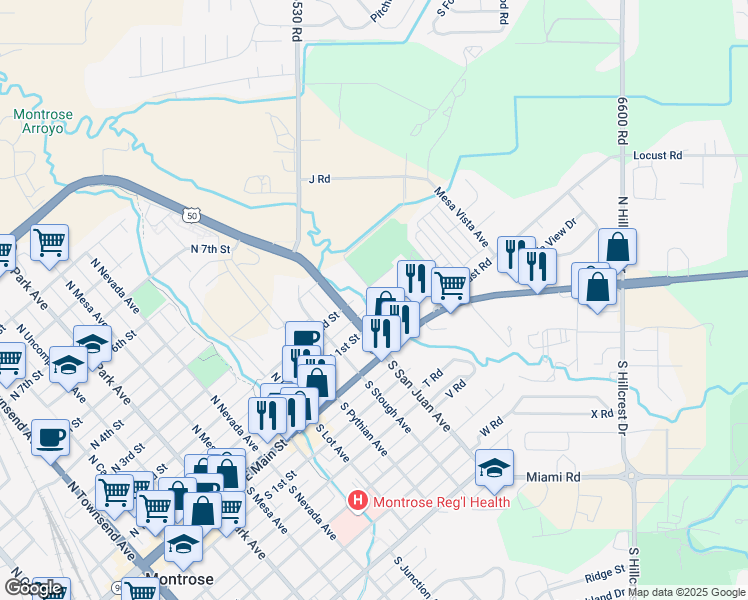 map of restaurants, bars, coffee shops, grocery stores, and more near 1301 N 1st St in Montrose