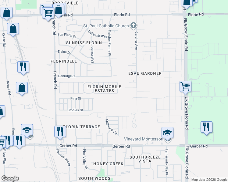 map of restaurants, bars, coffee shops, grocery stores, and more near 8638 Beauxart Circle in Sacramento
