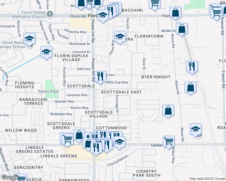 map of restaurants, bars, coffee shops, grocery stores, and more near 8160 Moorhaven Way in Sacramento