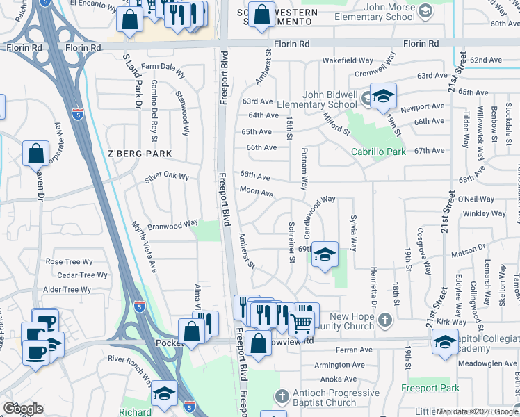 map of restaurants, bars, coffee shops, grocery stores, and more near 7405 Carella Drive in Sacramento