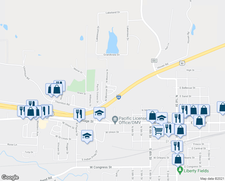 map of restaurants, bars, coffee shops, grocery stores, and more near 52 Monroe Woods in Pacific