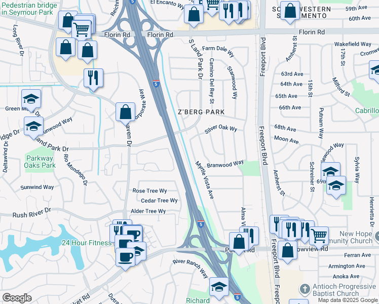 map of restaurants, bars, coffee shops, grocery stores, and more near 7426 Myrtle Vista Avenue in Sacramento