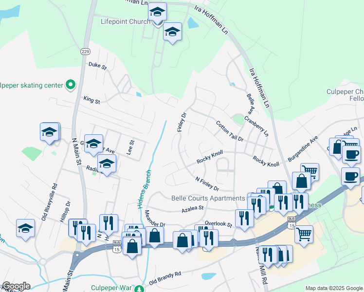 map of restaurants, bars, coffee shops, grocery stores, and more near 764 Amanda Court in Culpeper