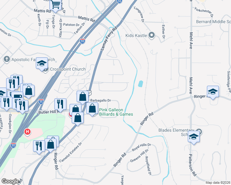 map of restaurants, bars, coffee shops, grocery stores, and more near 5002 Barbagallo Drive in St. Louis