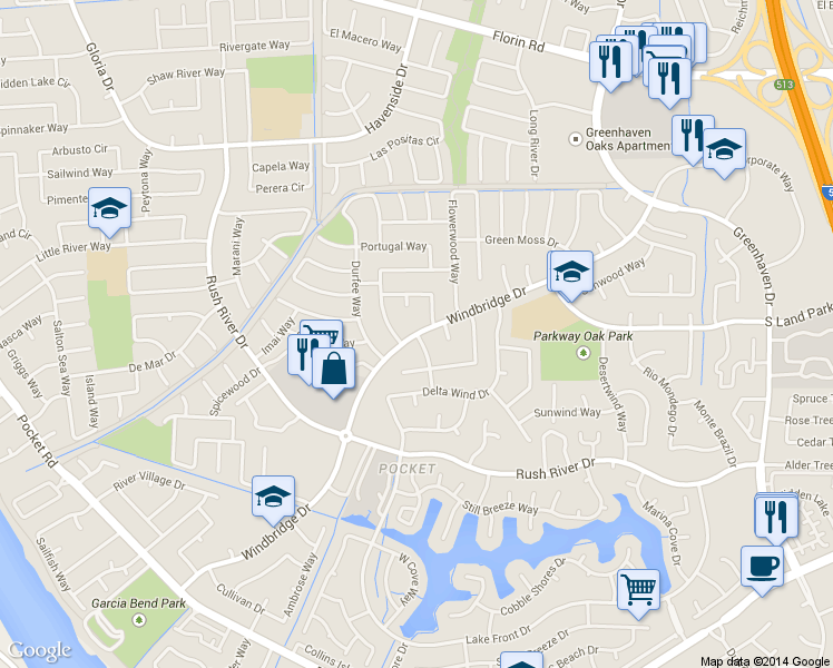 map of restaurants, bars, coffee shops, grocery stores, and more near Windbridge Drive & Ingalls Way in Sacramento