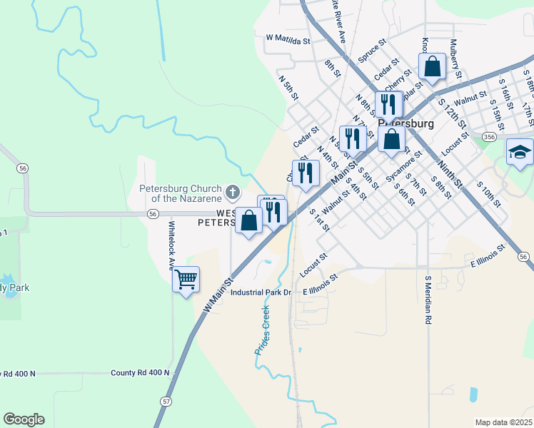 map of restaurants, bars, coffee shops, grocery stores, and more near Indiana 56 in Petersburg