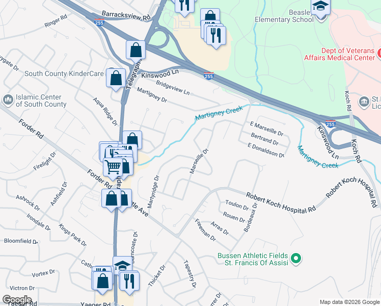 map of restaurants, bars, coffee shops, grocery stores, and more near 4249 Massabielle Drive in St. Louis