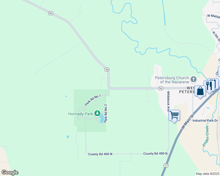 map of restaurants, bars, coffee shops, grocery stores, and more near Indiana 56 in Petersburg