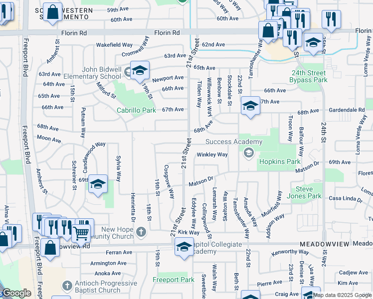 map of restaurants, bars, coffee shops, grocery stores, and more near 7422 21st Street in Sacramento