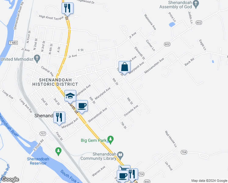 map of restaurants, bars, coffee shops, grocery stores, and more near 606 8th Street in Shenandoah