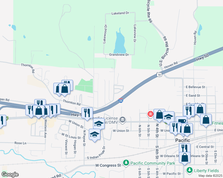 map of restaurants, bars, coffee shops, grocery stores, and more near 611 North Monroe Street in Pacific