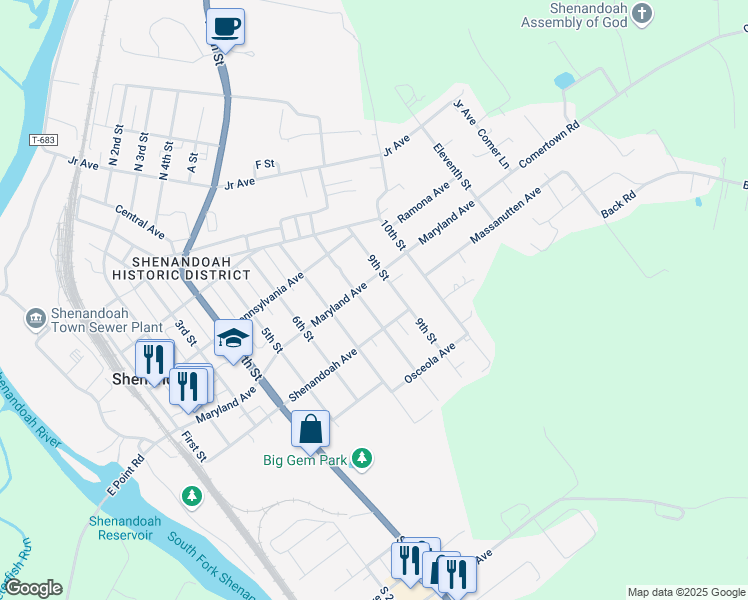 map of restaurants, bars, coffee shops, grocery stores, and more near 606 8th Street in Shenandoah