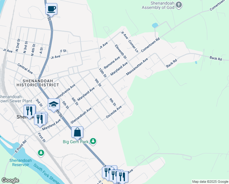 map of restaurants, bars, coffee shops, grocery stores, and more near 703 10th Street in Shenandoah