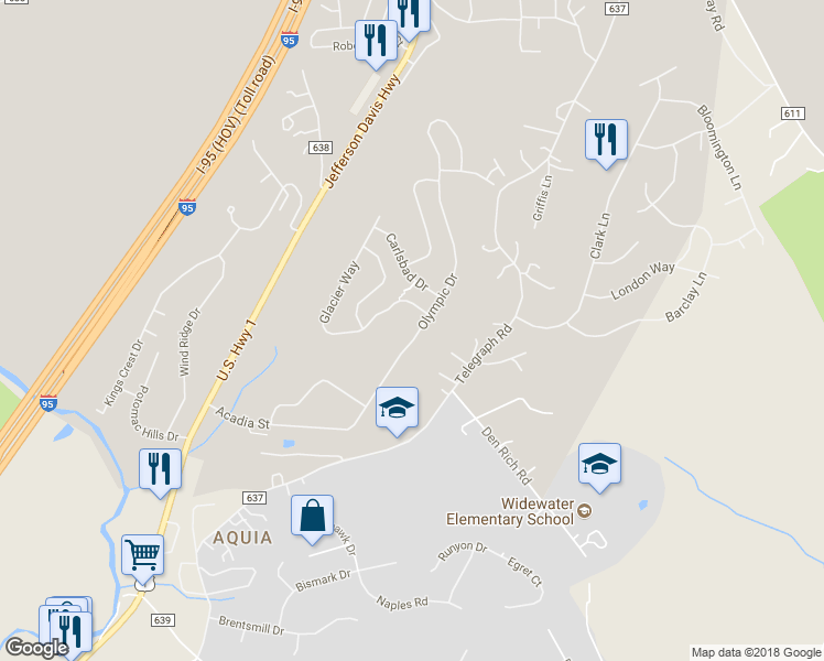 map of restaurants, bars, coffee shops, grocery stores, and more near 129 Olympic Drive in Stafford