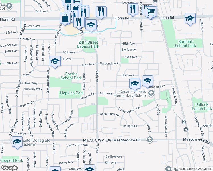 map of restaurants, bars, coffee shops, grocery stores, and more near 2571 Meadow Wood Circle in Sacramento
