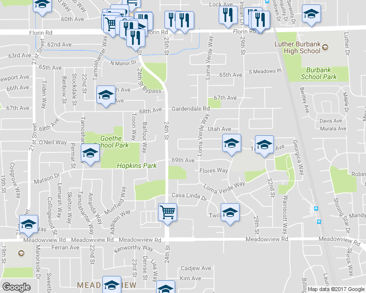map of restaurants, bars, coffee shops, grocery stores, and more near 2571 Meadow Wood Circle in Sacramento