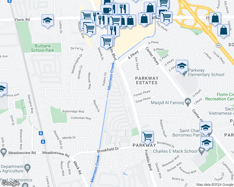 map of restaurants, bars, coffee shops, grocery stores, and more near 49 La Fresa Court in Sacramento