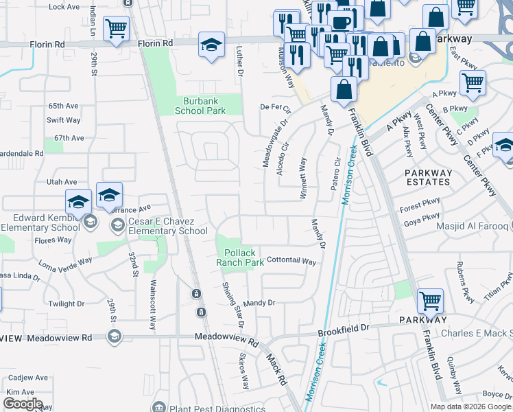 map of restaurants, bars, coffee shops, grocery stores, and more near 14 Bueno Court in Sacramento