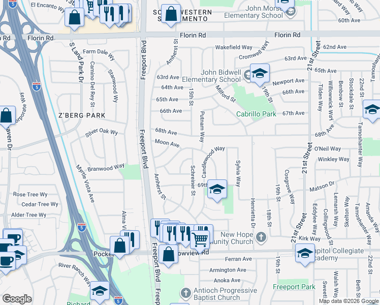 map of restaurants, bars, coffee shops, grocery stores, and more near 7461 Carella Drive in Sacramento