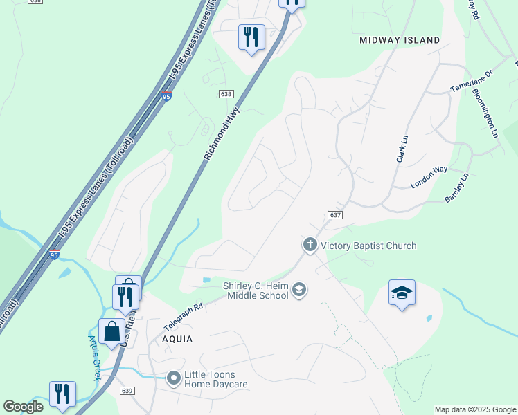 map of restaurants, bars, coffee shops, grocery stores, and more near 31 Glacier Way in Stafford