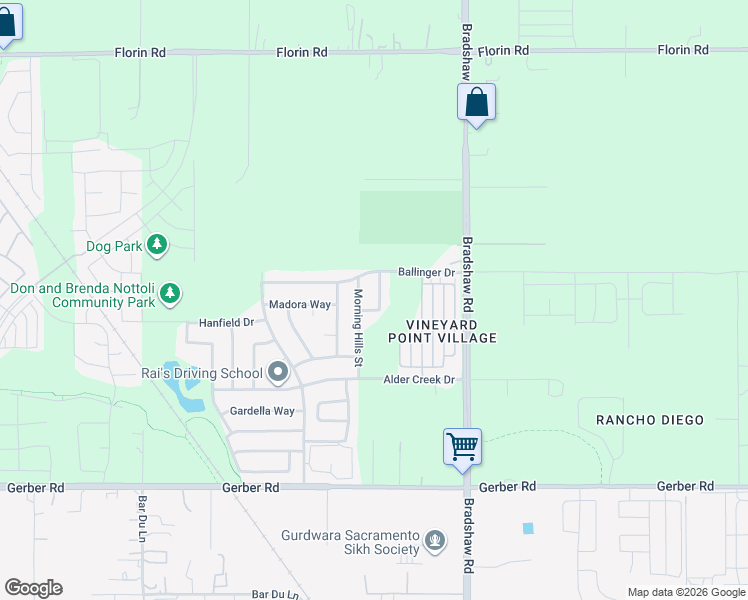 map of restaurants, bars, coffee shops, grocery stores, and more near 7405 Morning Hills Street in Sacramento