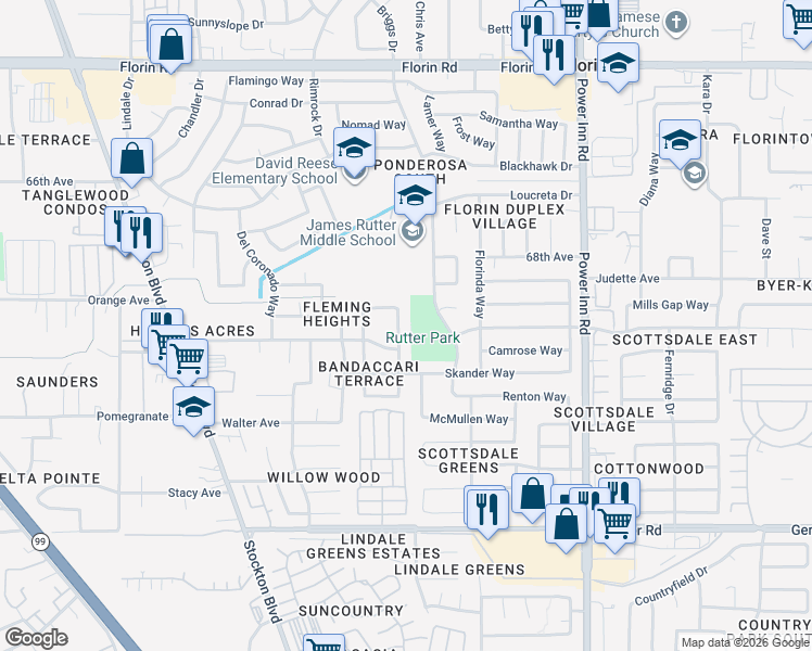 map of restaurants, bars, coffee shops, grocery stores, and more near 7419 Bruno Way in Sacramento