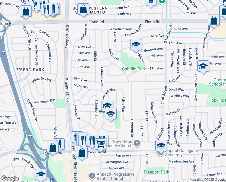 map of restaurants, bars, coffee shops, grocery stores, and more near 7425 Candlewood Way in Sacramento