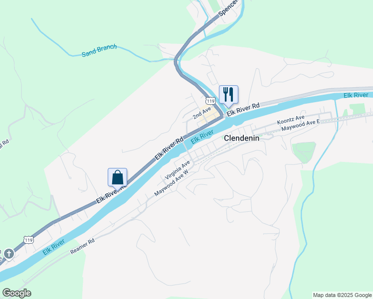 map of restaurants, bars, coffee shops, grocery stores, and more near French Street in Clendenin