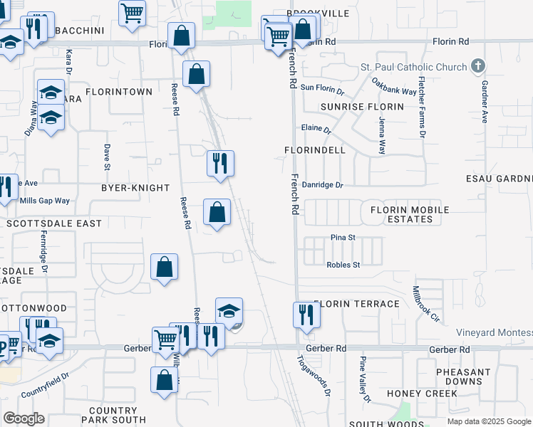 map of restaurants, bars, coffee shops, grocery stores, and more near 7440 French Road in Sacramento